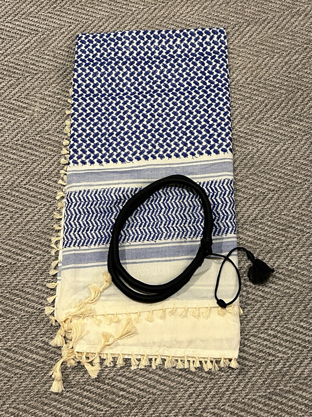 Blue & White Woven Scarf with Tassels